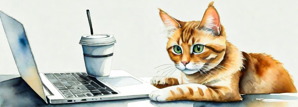 An water-colour style illustration of an orange cat sitting at a laptop, with latte and a dream! 