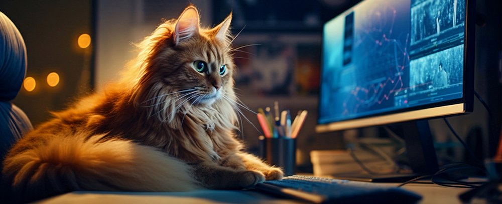 An orange cat at her desk, testing all the tests!